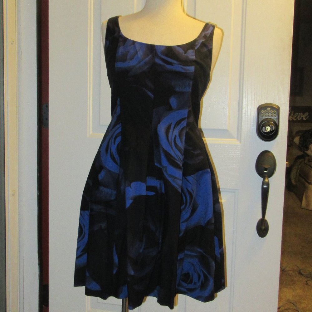 GAP Fit Flare Brushed Cotton Black Blue Floral Dress w. Pockets Sz 8 whimsigoth